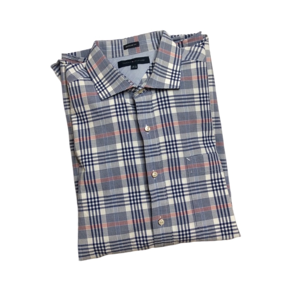 Tommy Hilfiger Men’s Dress Shirt Size 16.5 34-35 Reg Fit Red White Blue